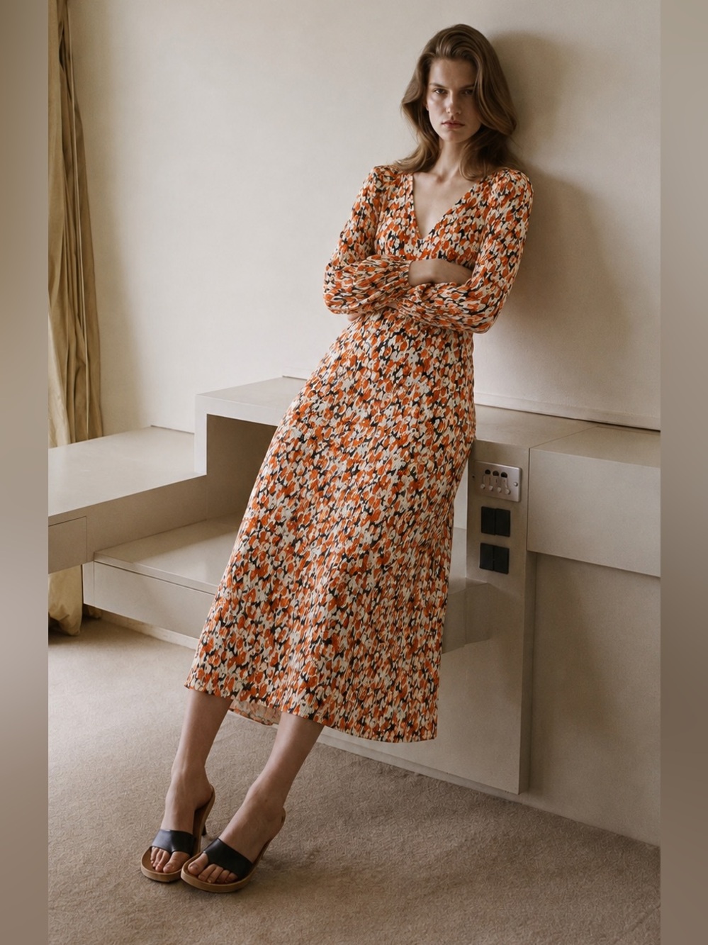 Mango Orange Black Floral V-Neck Long Sleeve Midi Dress.
